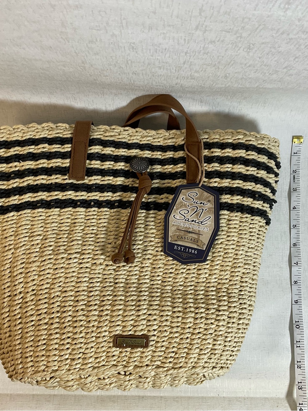 Woven Straw Tote Bag with Black Stripes